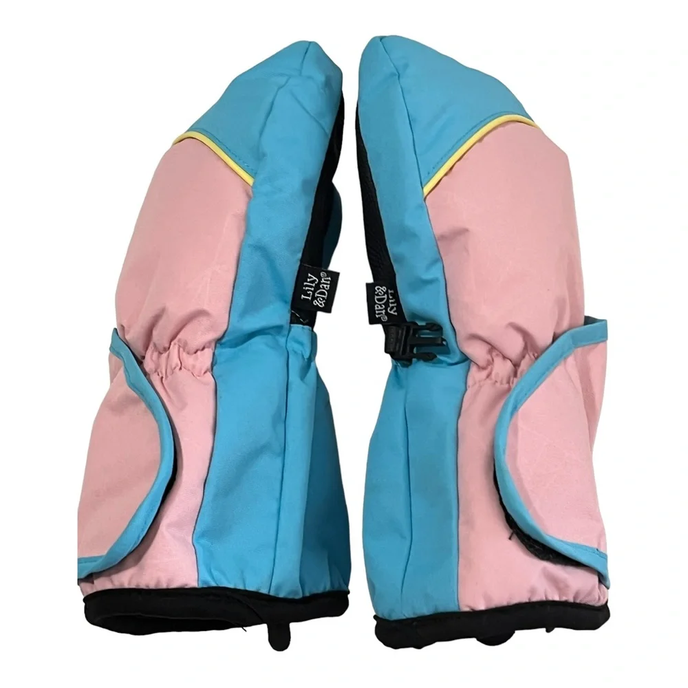 Lily & Dan Girls Mittens Size Large Pink Blue Elastic Wrist Warm Cute Wasable